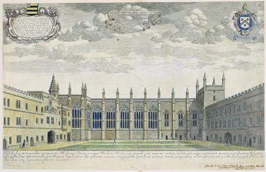 Collegium Novum : vue élevée de la cour avant du New College depuis le sud, 1675 (gravure avec coloration ultérieure)